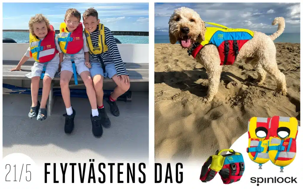 Trygghet - Bild för Flytvästens dag föreställande barn och hund iförda flytvästarna NEMO+ & FIDO.